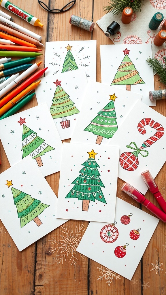 Handmade Christmas cards with doodle designs on a wooden table with art supplies.